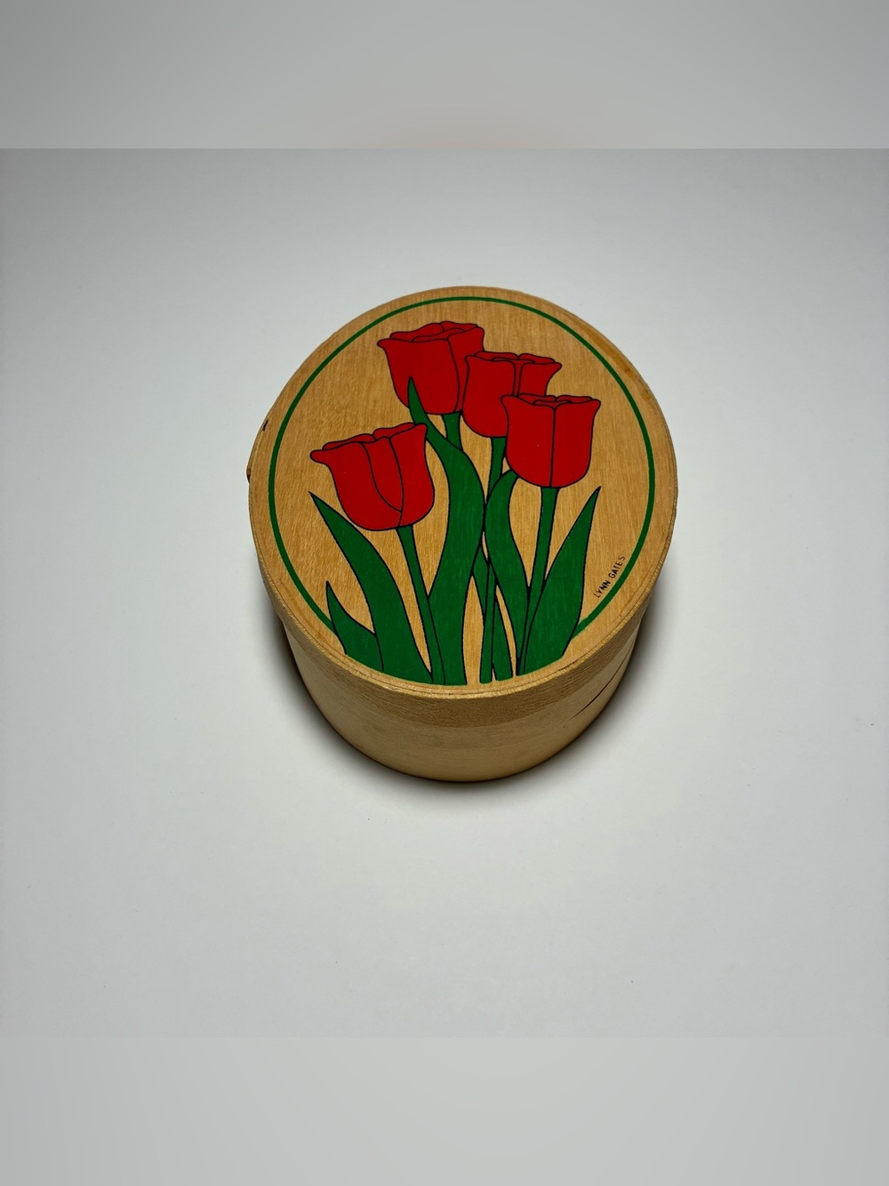 Vintage 1980s Lynn Gates Hand Painted -Tulips- Wood Oval Trinket Box